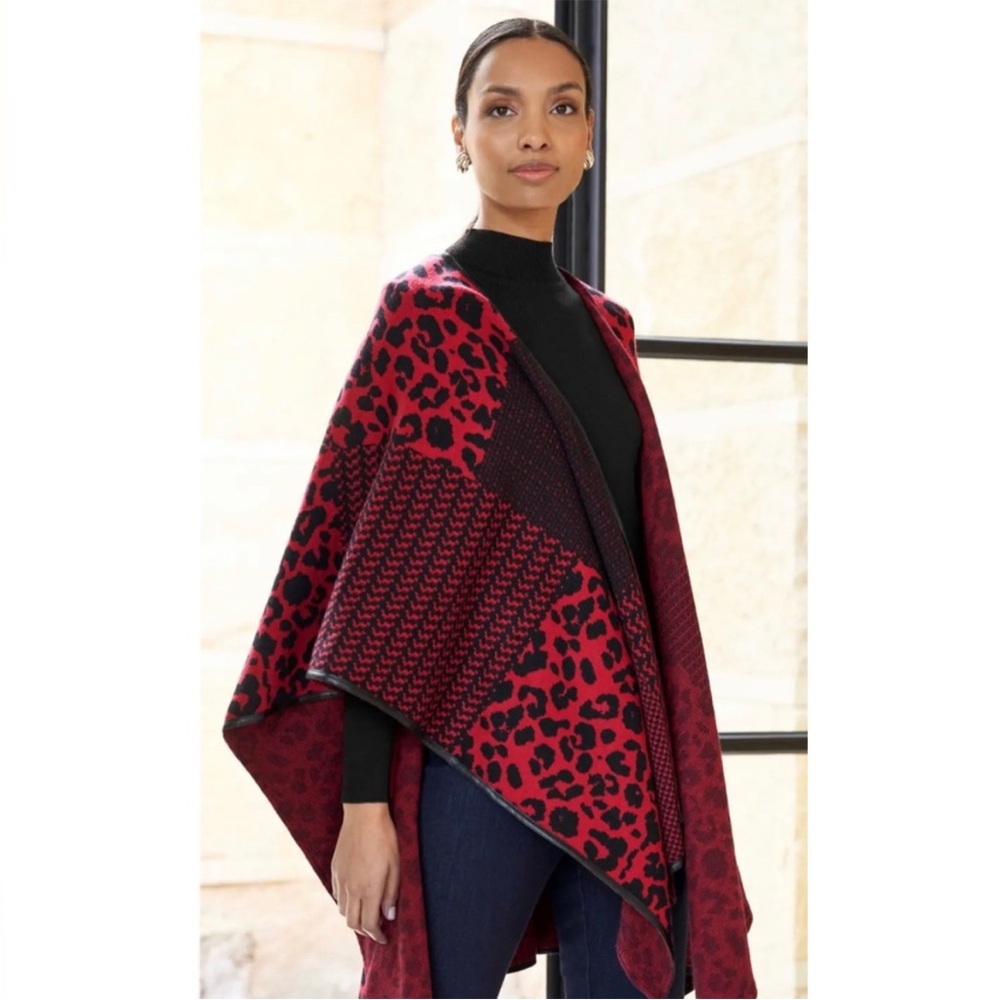 Ming Wang Knit Poncho Sweater Women’s One Size Leopard Print Open Front Designer